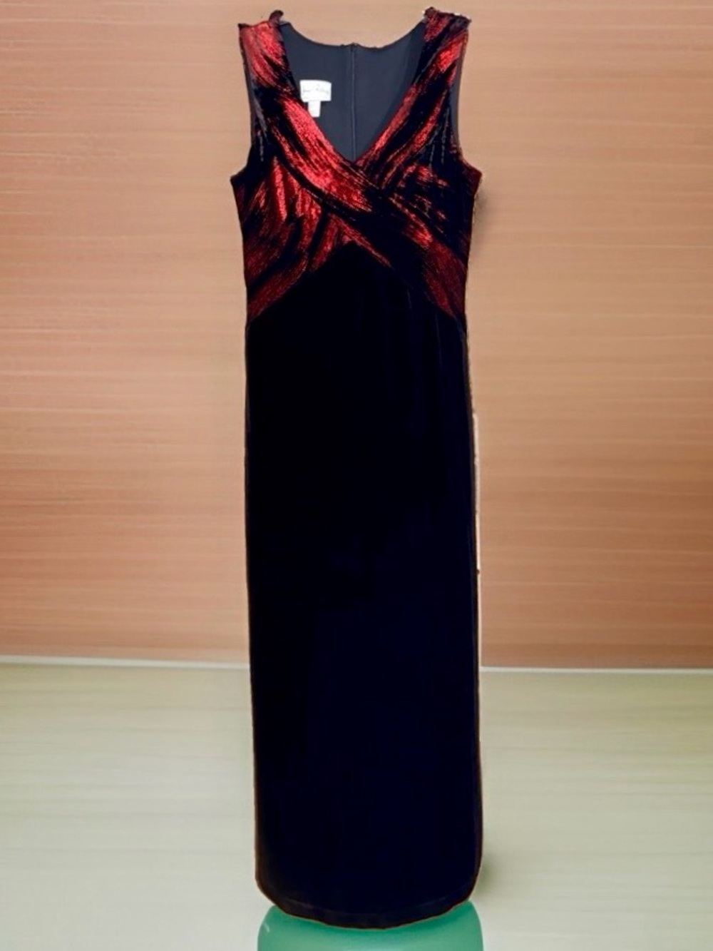 Joseph Ribkoff Black Velvet Maxi Dress with Metallic Red Bodice-10-EC